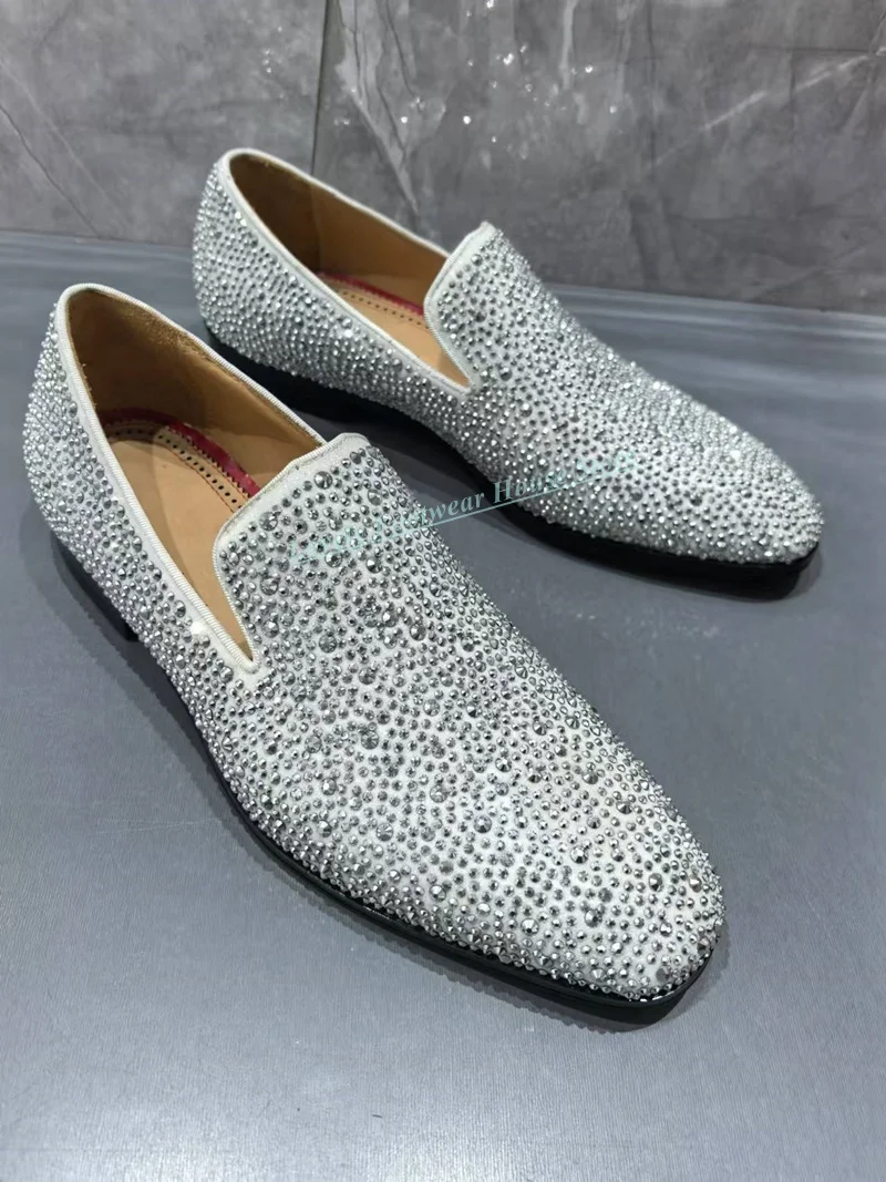 

Fashion Bling Crystal Men Round Toe Loafer Shoes Slip On Male Silver Spring Autumn Flat Heel Comfortable Single Shoes
