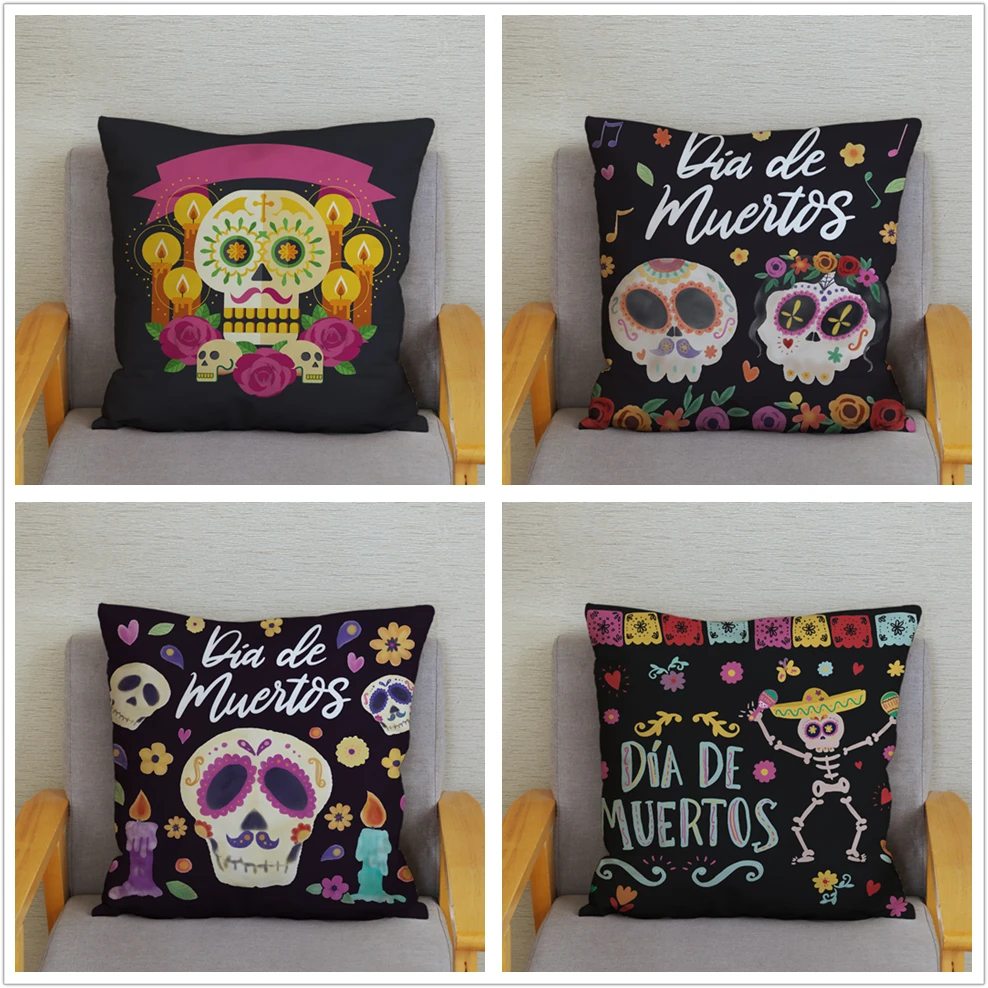 Mexican Day of The Dead Pillowcase Bedroom Living Room Sofa Home Decoration Cartoon Flower Skull Print Cushion Cover