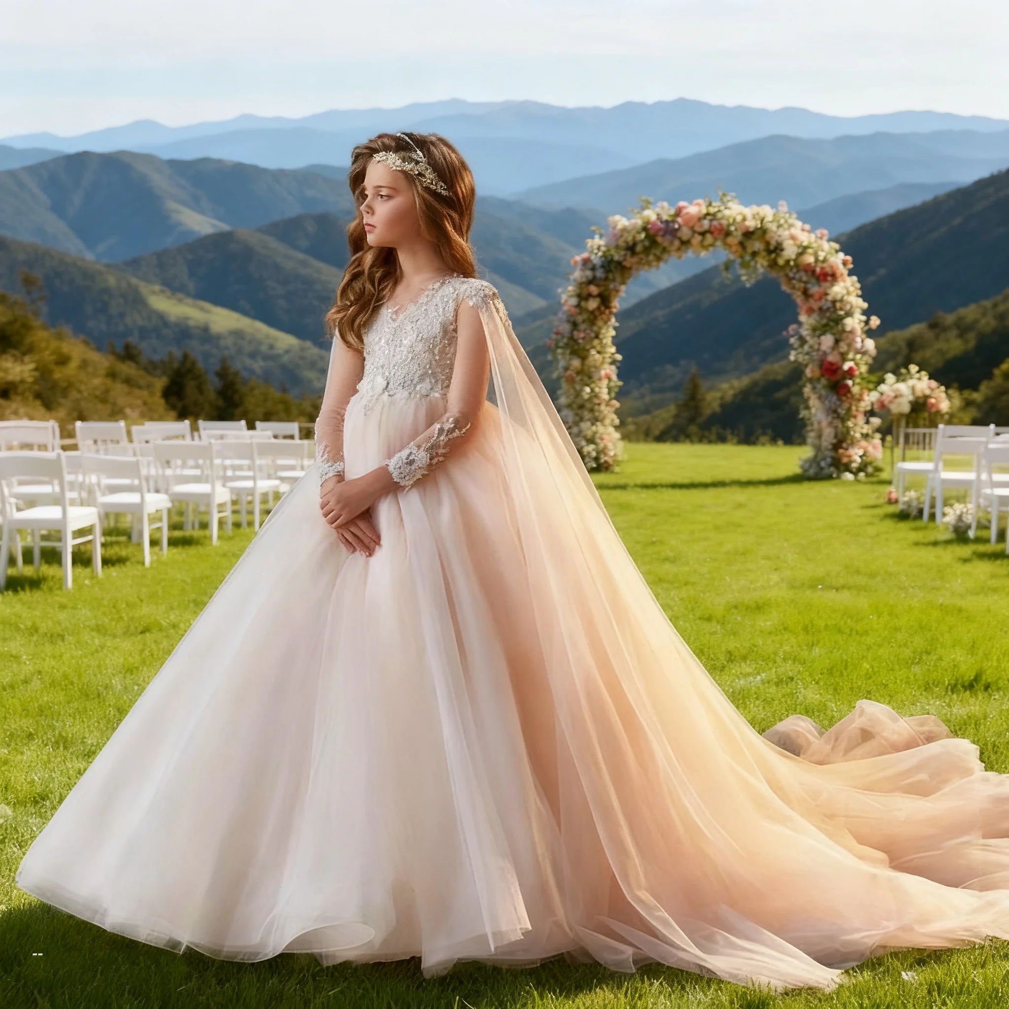 Elegant White Flower Girl Dress First Communion Dress Lace Print Princess Wedding Party Children's Birthday Dress