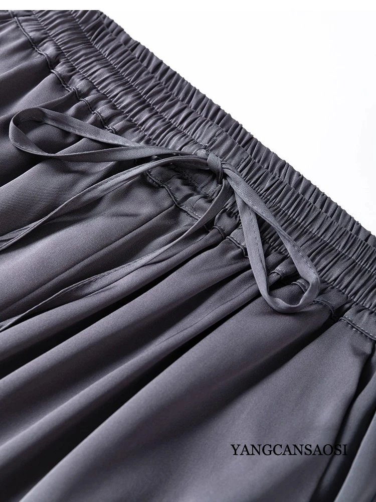 Vertical Naked Feeling 93% Natural Mulberry Silk Elastic Double Qiao Satin Elastic Waist Women's Fashionable Wide Leg Pants