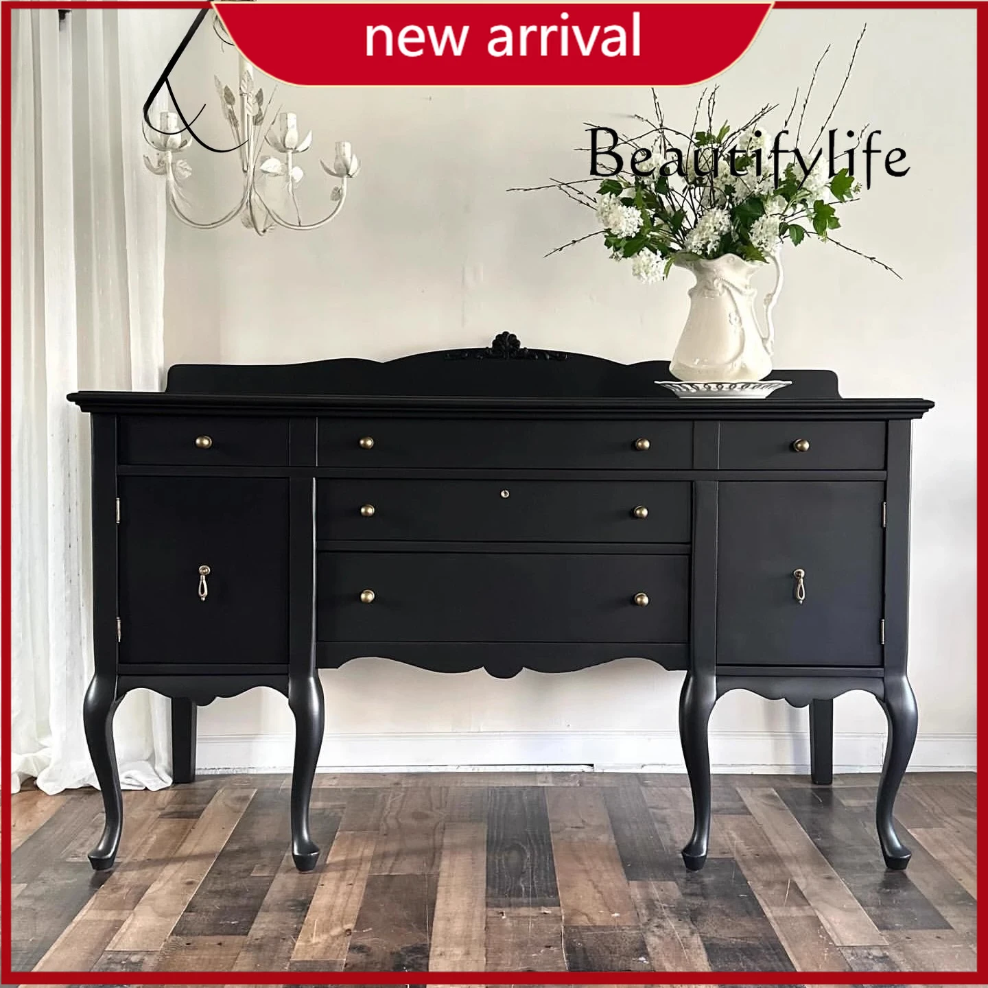 

aQ ZY French Retro Black Porch Cabinet American Living Room Decorative Cabinet Modern Simple Solid Wood Carving