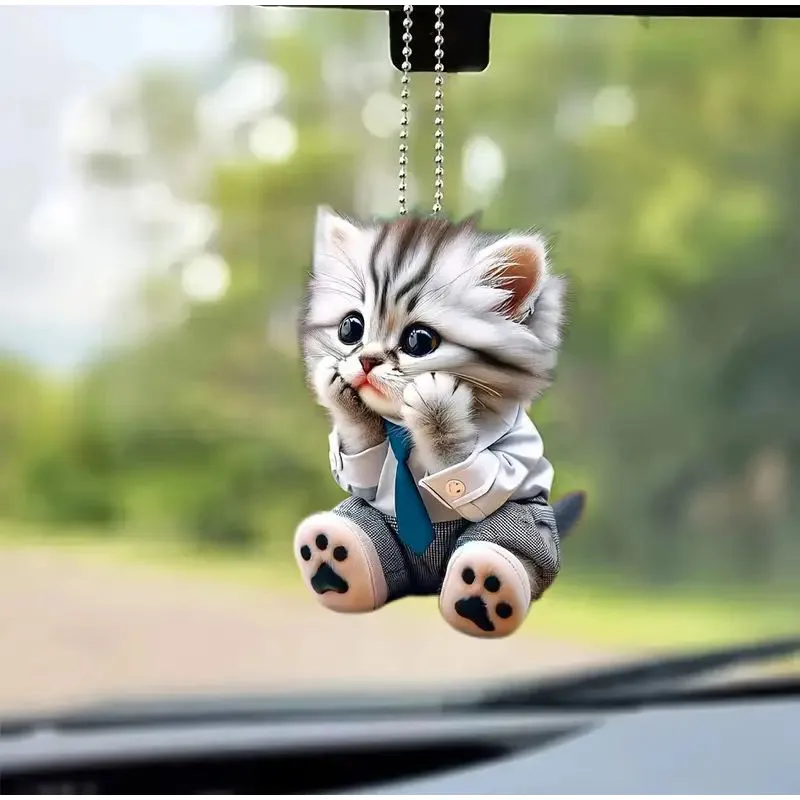 2D Car Pendant Hanging Ornament With Chain Realistic Animal Cat-Shaped Rearview Mirror Hanging Decor Car Interior Accessories