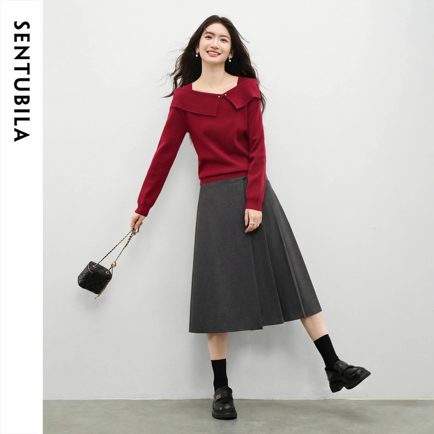 SENTUBILA Women's 2-Piece Set Spring 2026 Wool Blend High Waist Pleated Midi Skirt Suit Commute Knitted Ladies Outfit 761ZF6797Z