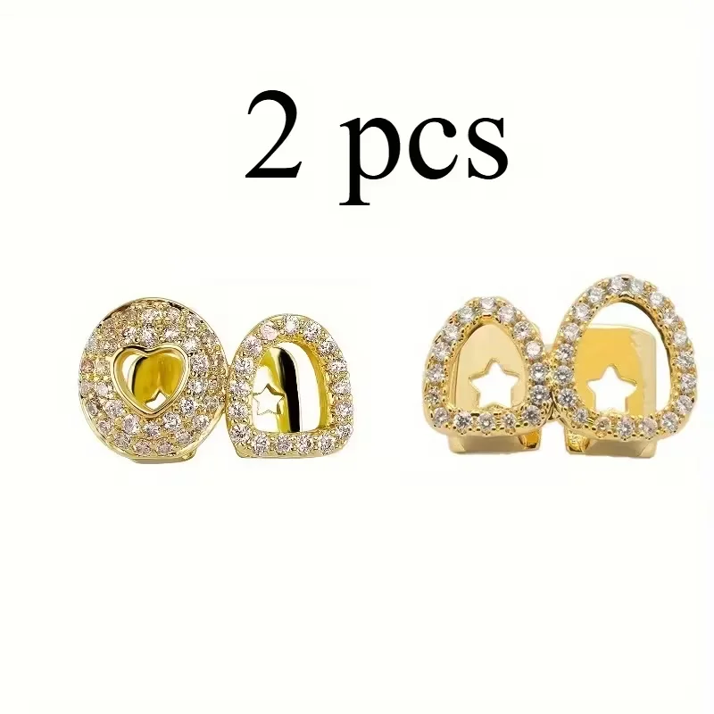 قطعتان من شوايات الأسنان المجوفة المزدوجة على شكل قلب على شكل هيب هوب - ملحقات طب الأسنان ذات اللون الذهبي المتلألئ مع لمسة نهائية نحاسية واقعية
