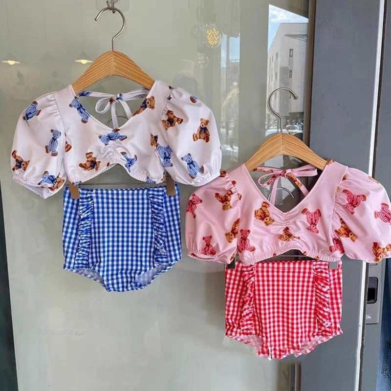 3Pcs Kids Clothes Girls Swimsuits Summer Cute Cartoon Bear Print Top+Plaid Shorts Suit for Baby Short Sleeve Children\'s Clothing