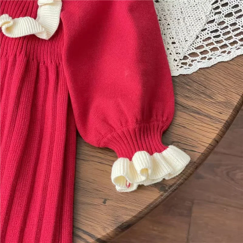 New Year Red Girl Knitting Wool Long Sleeve Princess Dress Autumn Winter New Warm Sweater Dress Kid Christmas Casual Clothes