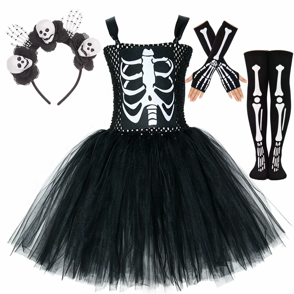 Gruseliges Skelett-Halloweenkostüm für Mädchen, schwarzes Totenkopf-Knochen-Geister-Tutu-Kleid, Mädchen-Kostüm für den Tag der Toten, verkleidete Outfits.