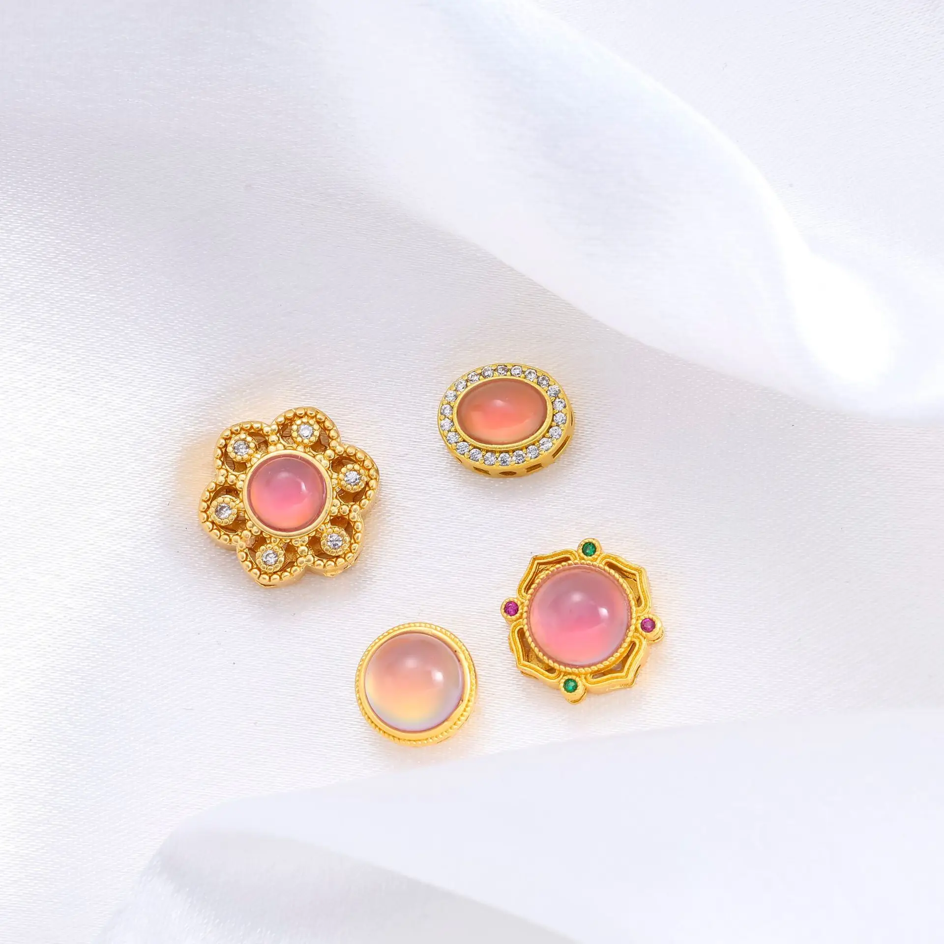 5 Pieces Copper Gold-plated Inlaid Pink Stone Spacer Beads DIY Pearl Bracelet Necklace Hand String Jewelry Accessories Wholesale