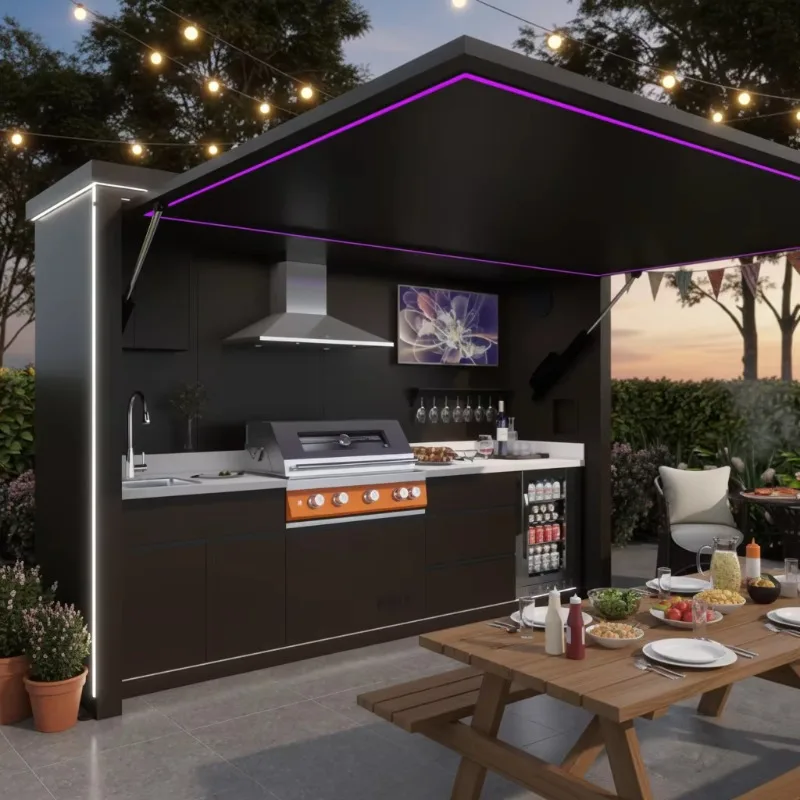 Custom Modern Outdoor Kitchen Gas Grill with Shed Modular Stainless Steel Outdoor Kitchen Shed Set for Patio Garden