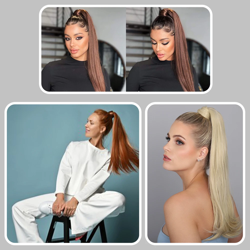 Synthetic Wrap Around Ponytail Clip in Hair Extensions Long Straight Pony Tail For Women Hairpiece Headwear Black Natural Hair