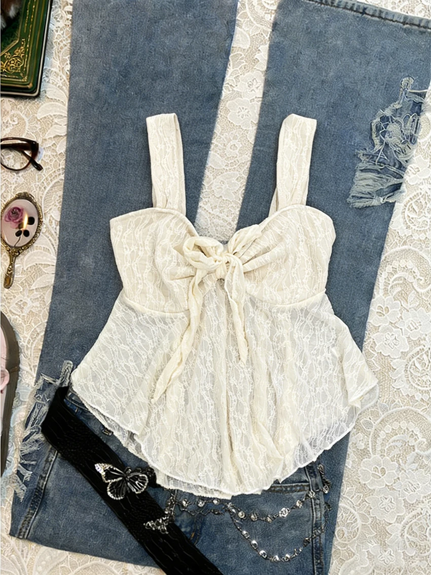 Fashion Bow Decoration Waist Cinching Gentle Pure Desire Style Tops French Solid Versatile Classics Lace Jacquard Camisole Vests