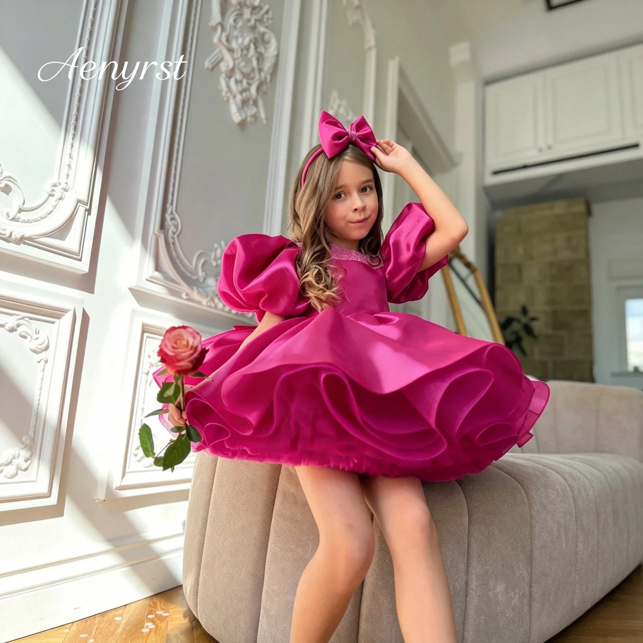 Popular Kids Fuchsia Round Neck Taffeta Flower Girl Gown Luxury Puff Sleeve Multi Ruffle Short Birthday Party Dress
