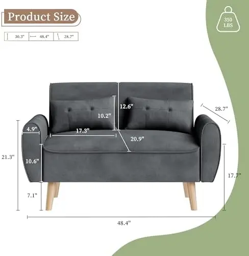 Nowoczesna sofa dwuosobowa z pikowaniem, model Century Linen, z poduszkami oparcia i zwężanymi nogami, ciemnoszara, 47 cali.