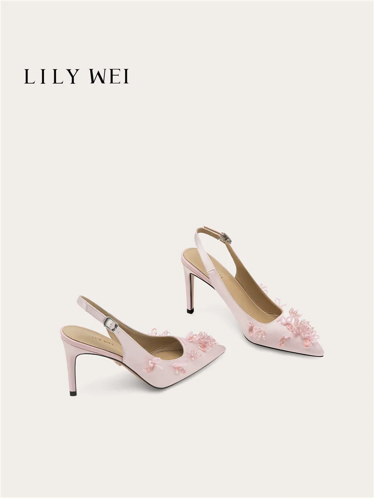 Summer new pointed-toe satin beaded rhinestone bowknot sequin sandals banquet large size small size stiletto heels women's shoes