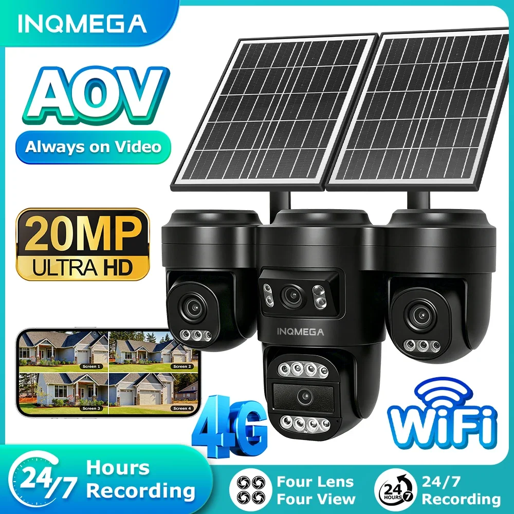 INQMEGA 20MP 4 Lens Solar PTZ Camera AOV 24/7 Recording 4 View 4G WiFi AI Human Detection Tracking Night Vision IP66 Waterproof