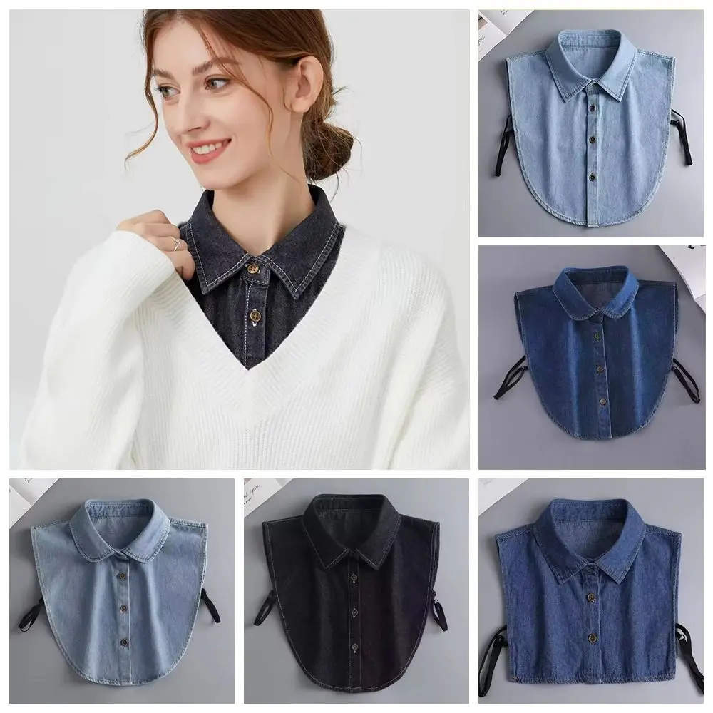 NEW Cotton Denim Fake Collar Lapel Buttons Adjustable Straps Women Fake Collar Blue Clothes Accessories Detachable Collar Women