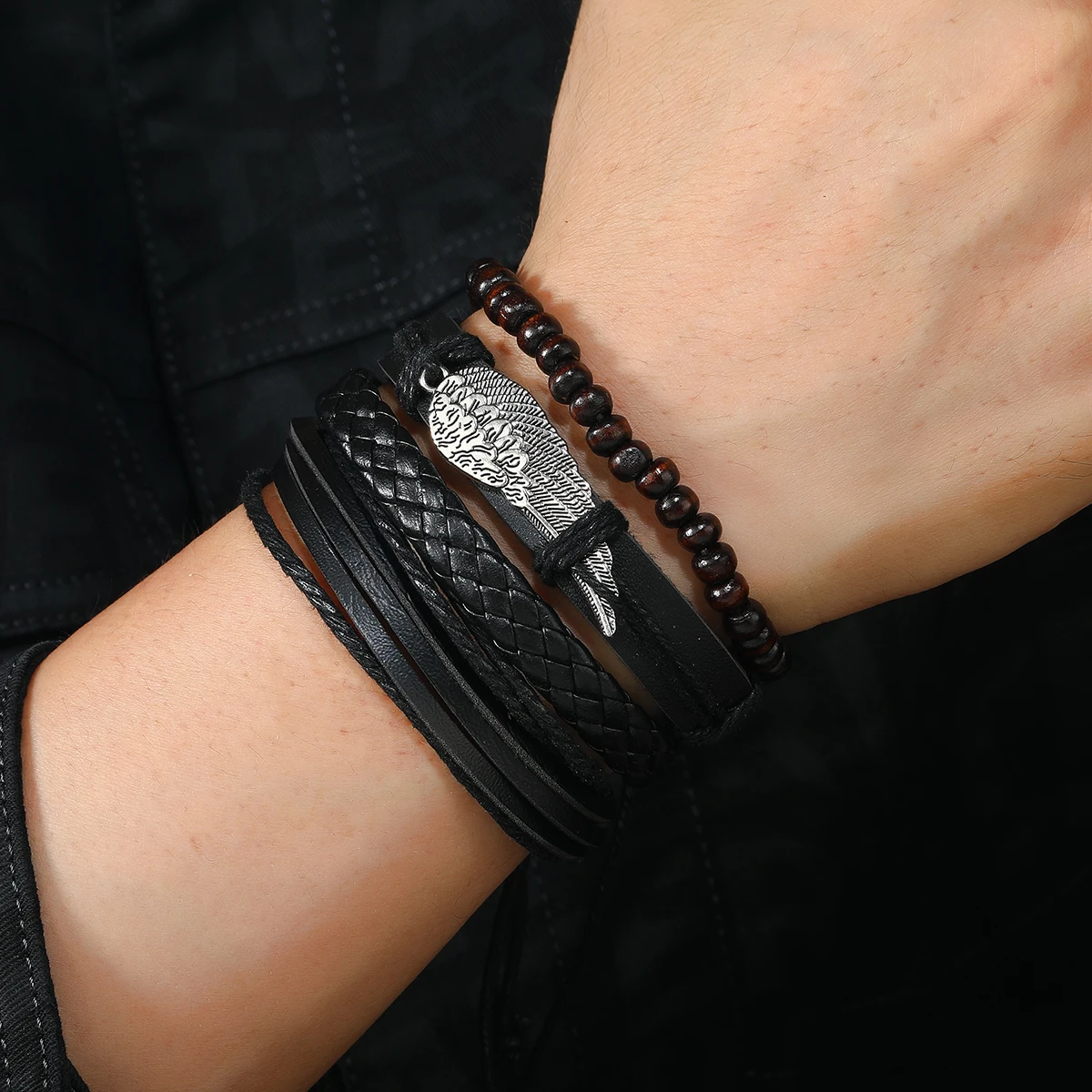 Trendy Leather Bracelet Men PU Leather Products Widened Woven Bracelet Wooden Bead Wing Feather Bracelet Drawstring Bracelet