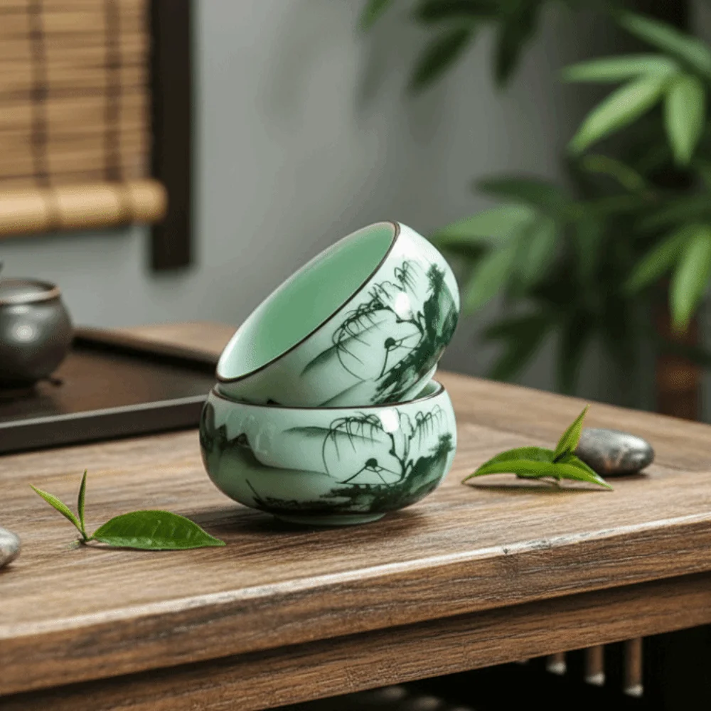 Hand-painted Landscape Pattern Chinese Traditional Celadon Teacup Double-fish Ceramic Master Cup 55 ML Vintage Kung Fu Tea Cup