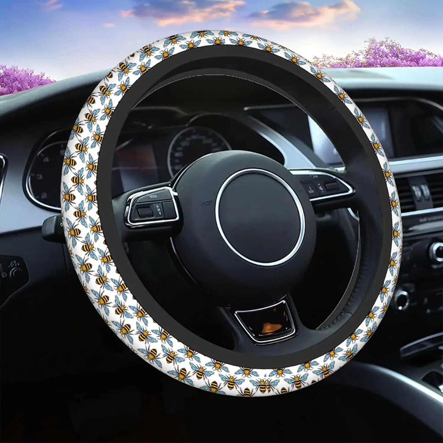 Bee Cute Steering Wheel Cover Universal 15 Inch Cartoon Bees Black and Yellow Neoprene Car Steering Wheel Covers Stretchy