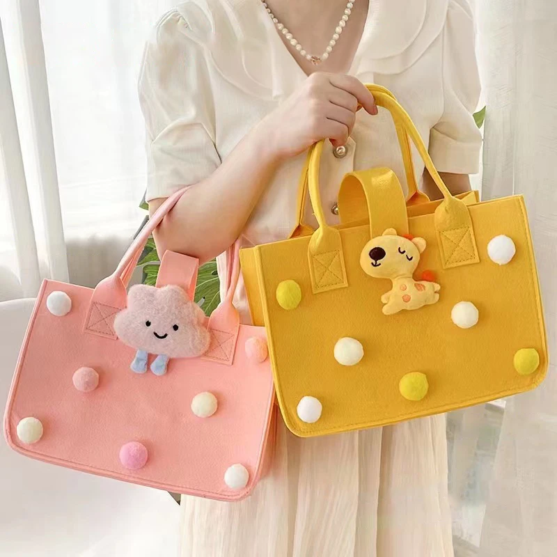 Cartoon Felt Messenger Bag With Doll For Women Casual Solid Color Large Capacity Handbag Females Shopping Bags Tote Handle Bag