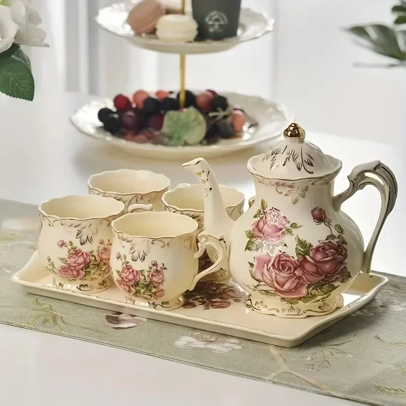 Elegant 10-Piece Ceramic Tea Set With Luxurious Rose Pattern - Perfect For Sophisticated Afternoon Teas