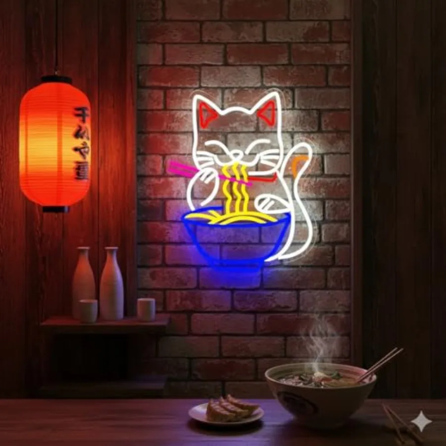 Neon Sign, Dimmable Japanese Lucky Cat Noodle LED Neon Sign for Wall Decor, USB Powered for Restaurant Bar Party Bedroom Birthd