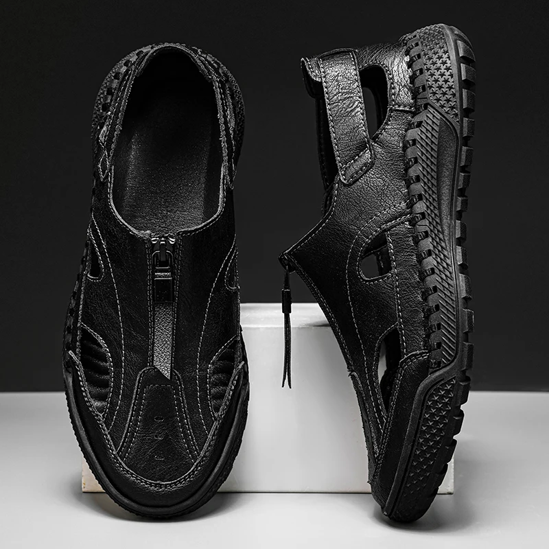 2025 Summer hot sale Sewn sandal for man black outdoor mens casual big size shoes traveling sandals zipper beach walking shoes