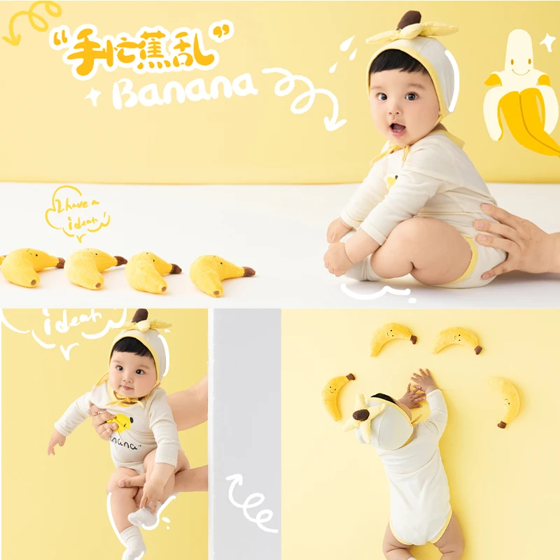 Baby Fotografie Kleding 100 Dag Baby Cartoon Banaan Thema Outfit Verstelbare Bananenhoed Bodysuit Set Fruit Shoot Decoratie