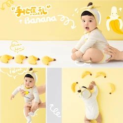 Roupas de fotografia de bebê para desenhos animados de 100 dias, roupa temática banana, chapéu ajustável, bodysuit, decoração de frutas