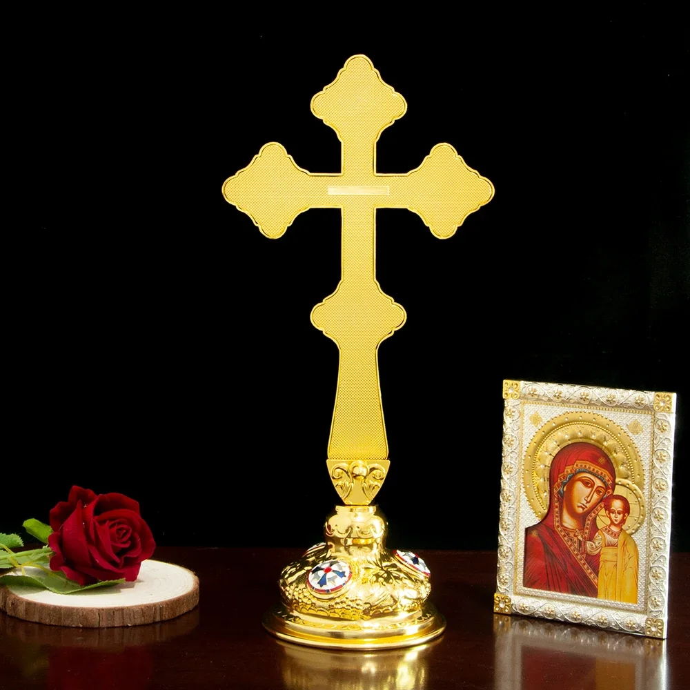 HTISOK Orthodoxes Kreuz mit Jesus-Kruzifix, Jungfrau-Maria- und Johannes-Die-Baptist-Ikonen, Edelstein-Intarsien, Hochwertiges religiöses Geschenk – Detail 2