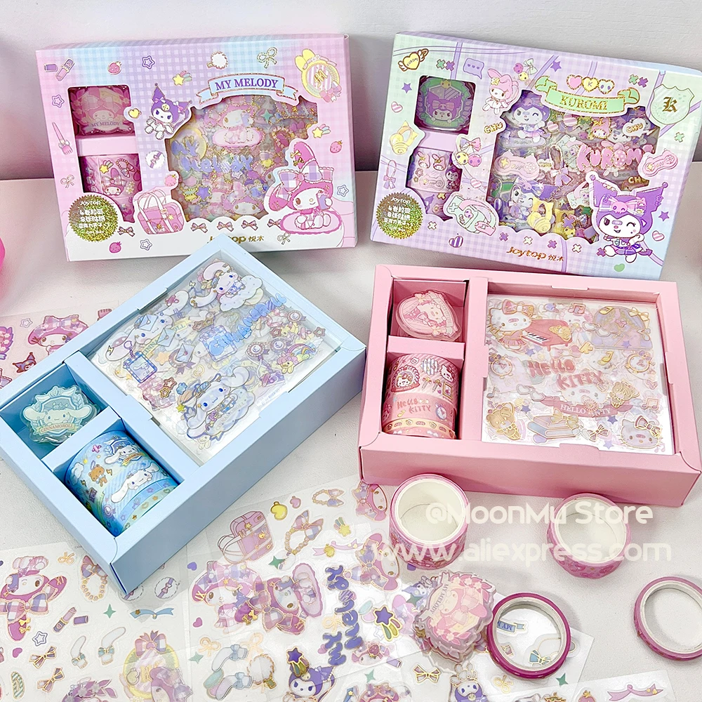 Sanrio Stickers Gift Box Kawaii Melody Hello Kitty Kuromi Cinnamoroll Hand Account Guka Decoration DIY Sticker Girls Kids Toys