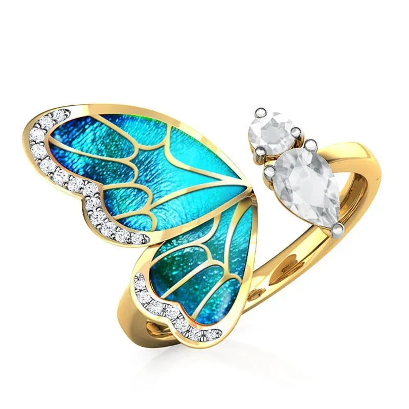 2026 Fashion Colorful Bow Open Ring for Women Blue Wing Crystal Zircon Gold Color Dancing Party Delicate Girl Resizable Rings