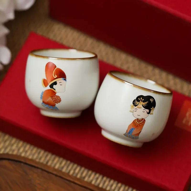Ru kiln opening hand-painted Chinese wedding tea master cup kung fu teacup friend newlywed creative gift gift box