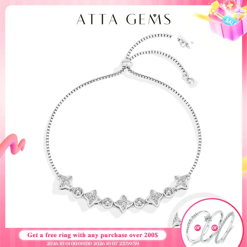 ATTAGEMS Moissanite Bracelet Four-pointed Star S925 sterling silver For Women Girls Birthday Party Jewelry Gifts Adjustable 24cm