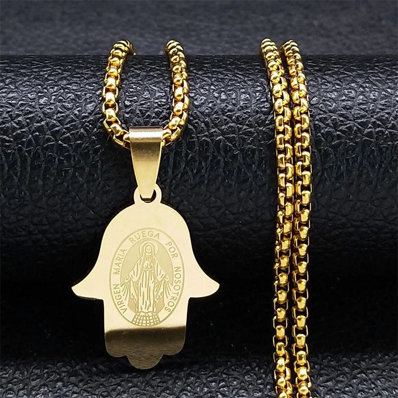 Virgin Mary Fatima Hand Necklace for Women Men Stainless Steel Gold Color Spanish Virgen Maria Ruega por Nosotros Chain Jewelry