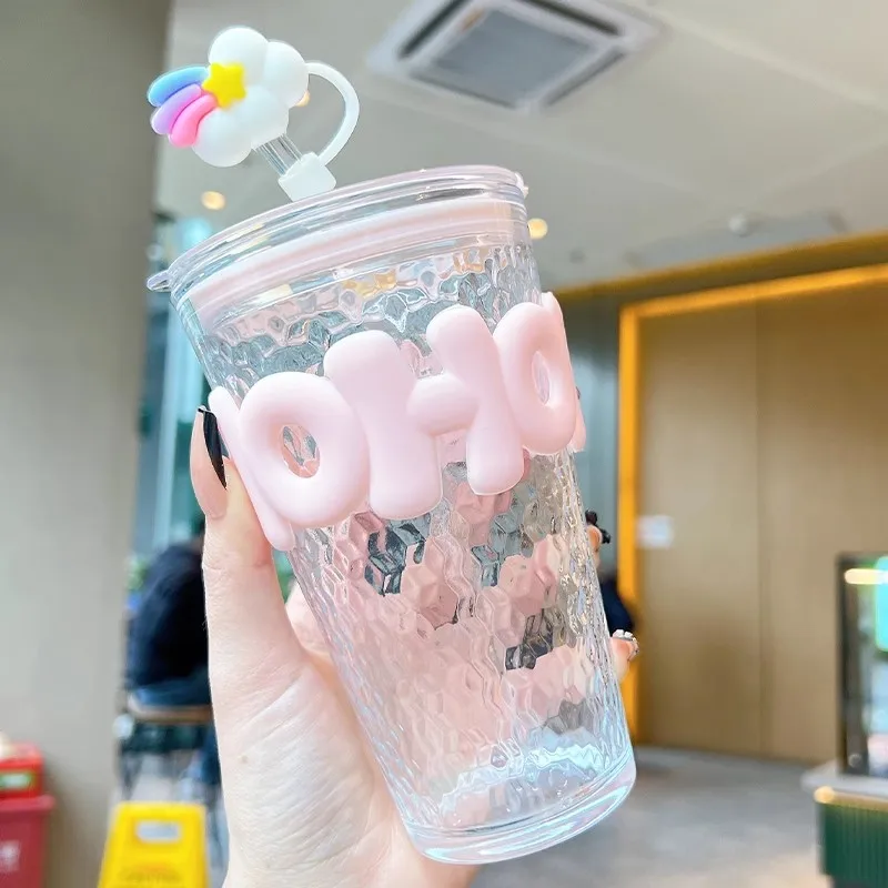

Cute Glass Water Bottle With Straw And Lid 450ml Cold Matcha Coffee Tea Juice Drinking Glass Cups BPA Free Gift For Girl Women