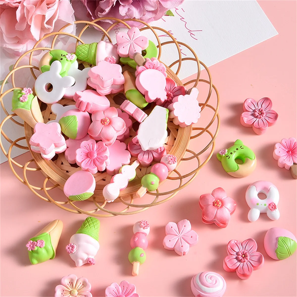 10/30/50pcs sweet cherry blossom macaron food play series handmade diy material cell phone case header Rope hair accessories sti