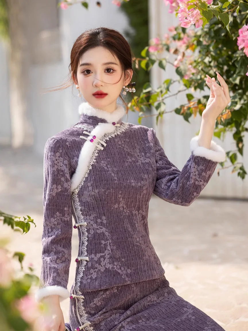 Woolen Thickened Cheongsam Women' Winter Style Improved 2024 New Long Sleeve Elegant Young Girl Retro Chinese Qipao