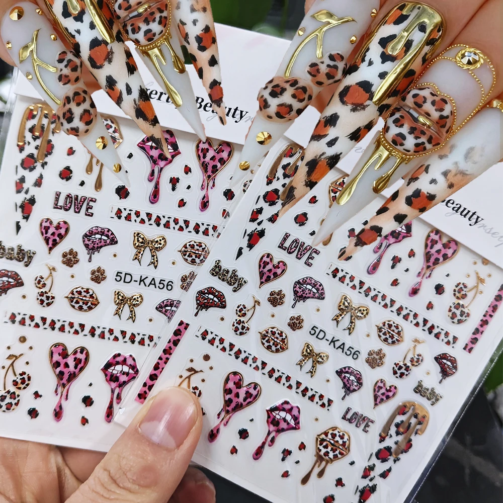 5D Día de San Valentín bronceado oro/plata leopardo labio pegatina de uñas Sexy leopardo arco/cereza calcomanía adhesivo leopardo punta deslizador de uñas