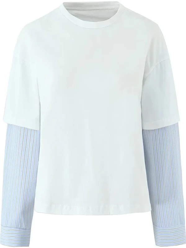 تي شيرت نسائي فضفاض طويل من American Sle تي شيرت نسائي مستدير Ne مخطط irt Sve مكون من قطعتين تي شيرت قطني متعدد الاستخدامات غير رسمي #5