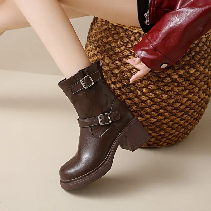 

Winter Cowboy Boots for Women Fashion Slip On Ladies Casual Short Boots Thick Bottom Mordern Botas 2024 Platform Heel Women's