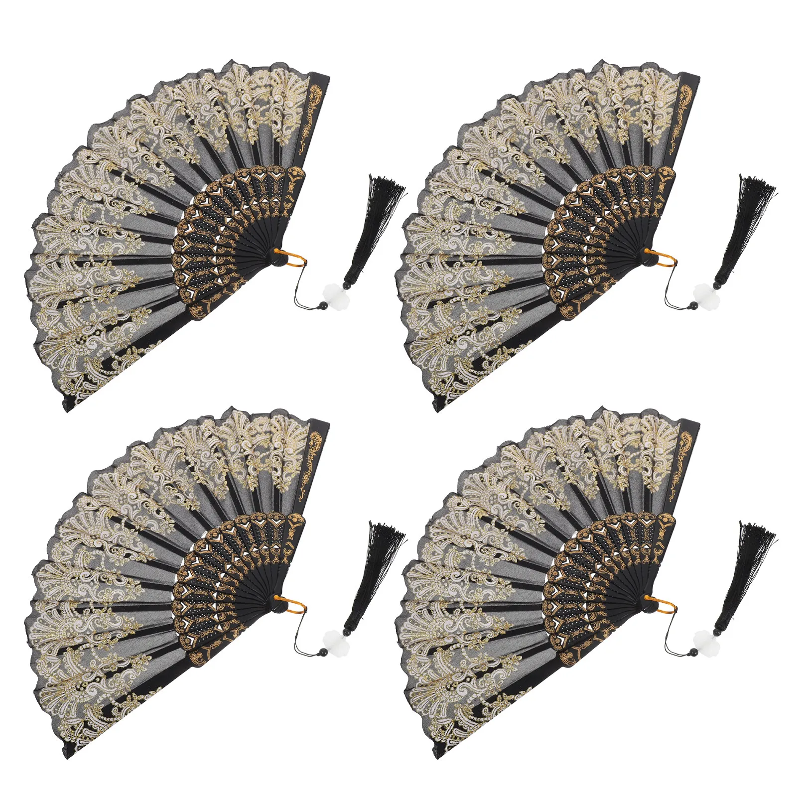 4Pcs Chinese Style Hand Fan Foldable Lightweight Tassel Design Oriental Aesthetic Fan for Bride Wedding Dancing Cultural