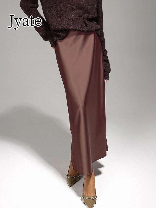 Jyate Retro Brown Commuter Women's Skirt Fashion Satin Office Long Skirt Elegant Solid High Waist Skirt Female Woman Clothing