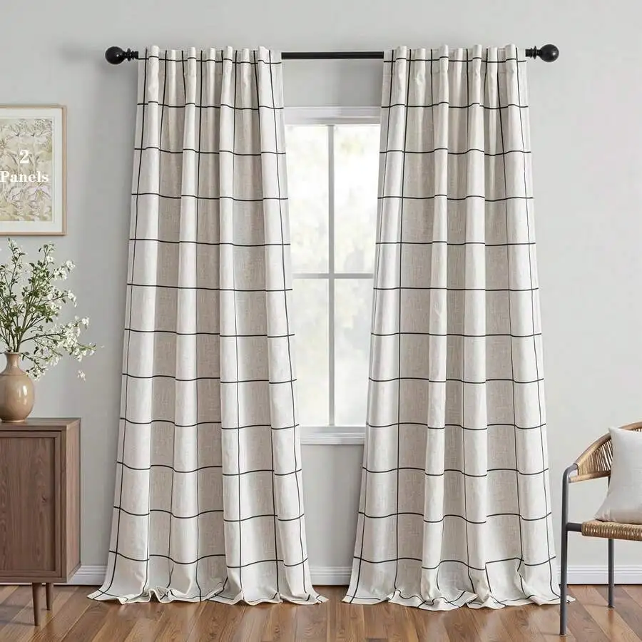 Blackout Plaid Linen Curtains 84 Inch Long Living Room Double Layer Windowpane Drapes Thermal Insulated Privacy Rod Pocket