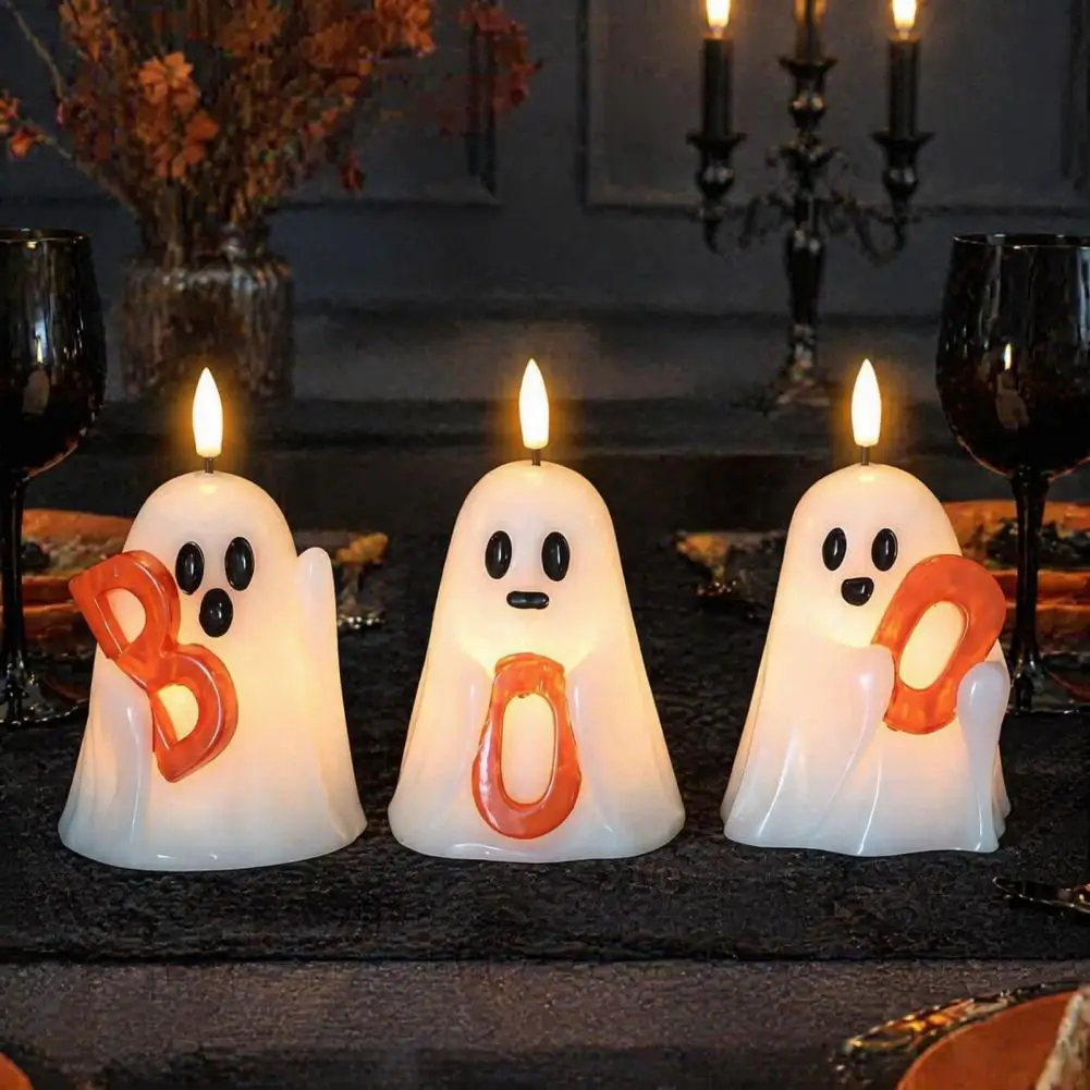 Cute Fall Party Ornaments Halloween Ghost Flameless Candles Cute Ghost Holding Boo Letter Tealight Battery Operated for Party