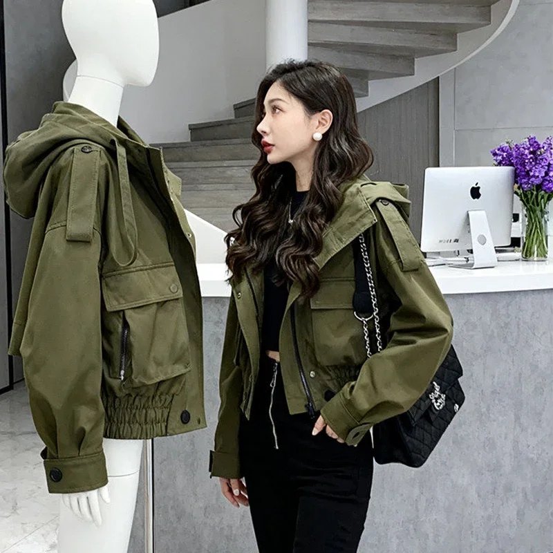 2026 Neue Damen Cropped Hooded Cargo Jacke Grüner Utility-Mantel Elastischer Saum Streetwear Herbst Winter Schicke Oberbekleidung Damen Pendlerjacke