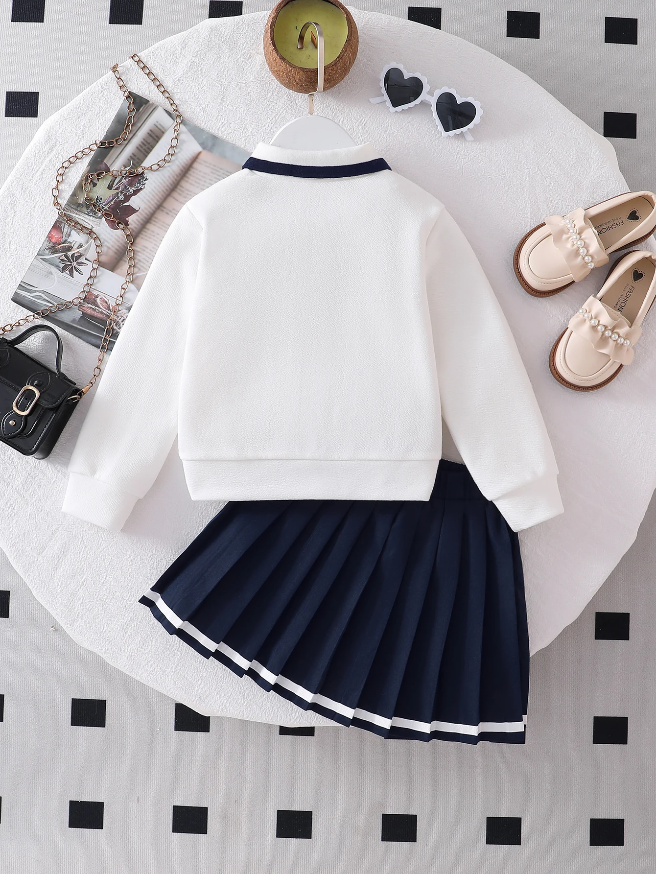 Girls 2PCS School Outfit for 4-8Y, Heart Embroidery Polo Sweatshirt + Navy Pleated Skirt Kids Uniform Set