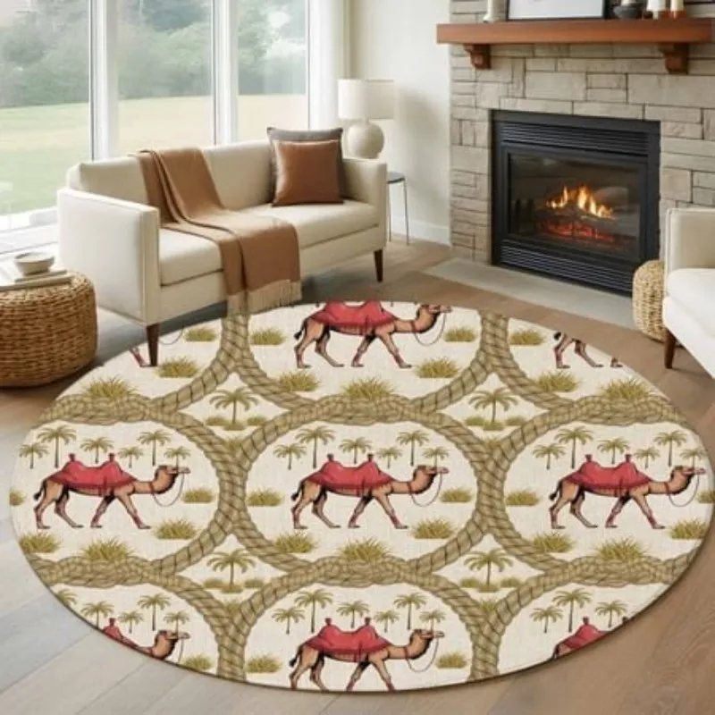 Desert Oasis Round Rug Camel Caravan Living Room Arabic Style Carpet Vintage Home Decor Bedroom Floor Mat Bedside Area Rugs