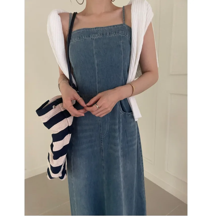 High Waist Denim Halter Dress  Mustache Washed Frayed Skirt Casual Korean Style Cotton A-Line Midi Dress for Women