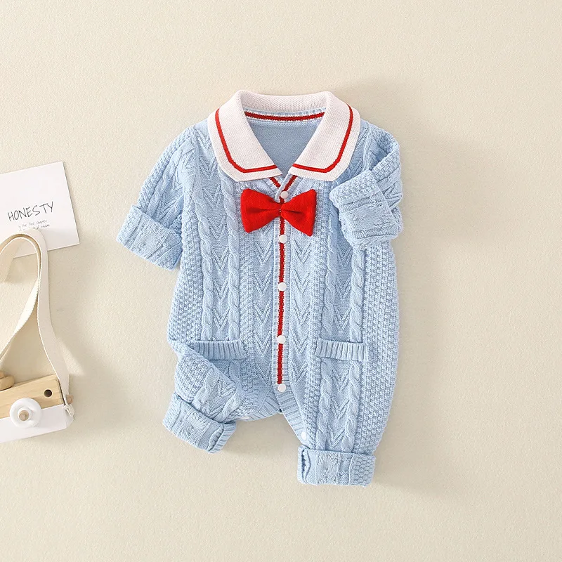 

Spring Autumn Toddler Girl Rompers 100% Cotton Bow Applique Knit Kids Baby Girl Jumpsuits Peter Pan Collar Newborn Girl Bodysuit